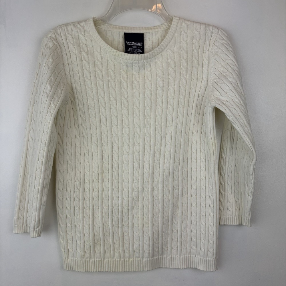 Polo Jeans Co Ralph Lauren Cable Knit Sweater Womens Large White Cotton Preppy